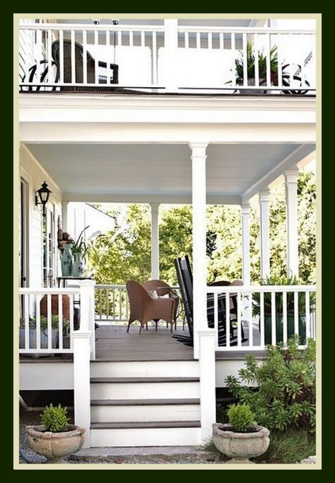 double decker porch upper for you and your family  Below for welcoming your friends and neighbors  Relaxing and conversing the old fashion way Front Porch With Balcony Above, Dream Porch, Asma Kat, Southern Porches, Porch Ceiling, Building A Porch, Side Porch, Summer Porch, House Extension