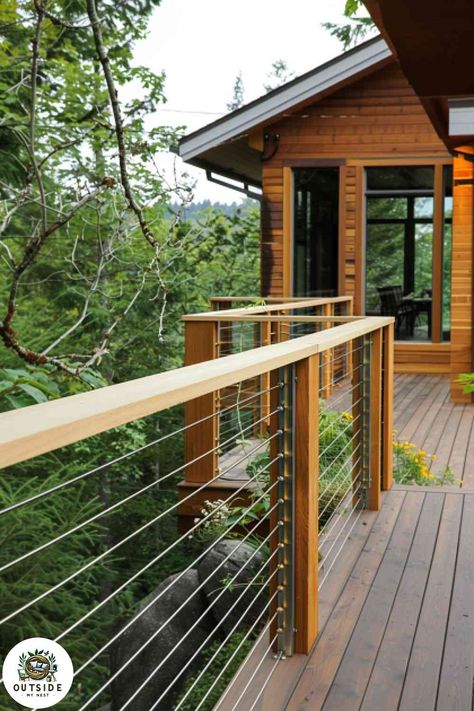 25 Awesome Deck Railing Ideas for Your Backyard Deck Wood Cable Railing Deck, Trex Deck Railing Ideas, Wood Deck Railing Ideas, Deck Ideas Off Back Of House, Elevated Deck Ideas, Back Deck Ideas, Trex Deck Railing, Wood Deck Railing, Cable Railing Deck