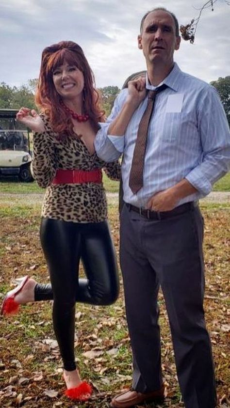 Unique Couples Costumes Diy, Ted And Peggy Bundy Costumes, Al And Peg Bundy Costume, Peggy Al Bundy Costumes, 90s Theme Couples Costume, Ted Bundy Couple Costume, Outdoorsy Costume Ideas, Blake And Gwen Halloween Costume, Peg Bundy Hair