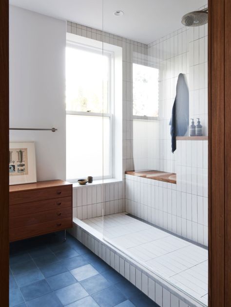 Shane Neufeld’s year-old firm recently completed its first major project — the renovation of a dilapidated home in Bed-Stuy for his family. Heath Ceramics Tile, Floor Vacuum, Cement Tile Floor, Laundry Ideas, Bad Inspiration, Interior Minimalista, Blue Tile, Ceramic Floor Tiles, Tile Flooring