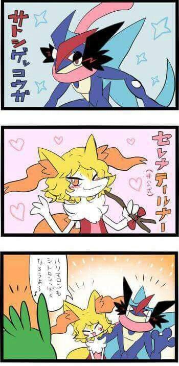 Insectivoreshipping ^.^ ♡ I give good credit to whoever made this Pokemon Greninja X Braixen, Greninja And Braixen, Greninja X Braixen, Pokemon Amourshipping, Satoshi Pokemon, Random Pokemon, Star Wars Origami, Funny Pokemon, Pokemon Ash And Serena