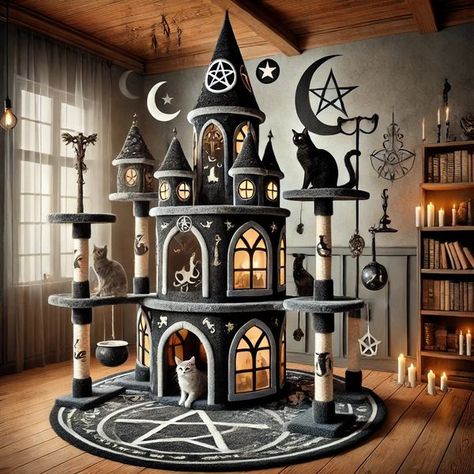 Gothic Cat House, Gothic Cat Furniture, Gothic Cat Tree, Cats Room, Cat House Indoor, Gothic Victorian House, Goth Ideas, Gothic Cat, Cat Castle