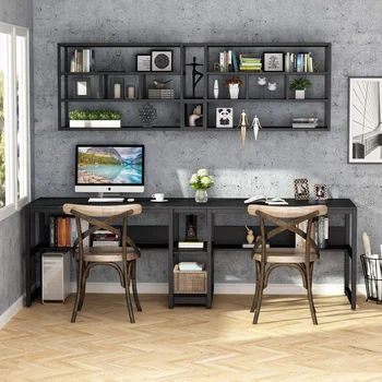 17 Stories Garden City Desk | Wayfair Office Double Desk, Double Desk Home Office, 2 Person Desk, Rustic Writing Desk, Desk With Bookshelf, Desk For Two, Two Person Desk, Low Bookshelves, Double Desk