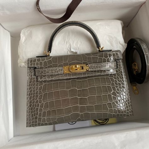 Hermes Kelly Mini II Bag 19cm in Gris Tourterelle Shiny Alligator Leather Hermes Crocodile Bag, American Alligator, Authentic Models, Crocodile Bags, Hermes Paris, Red Carpet Event, Hermes Handbags, Crocodile Leather, Luxury Lifestyle