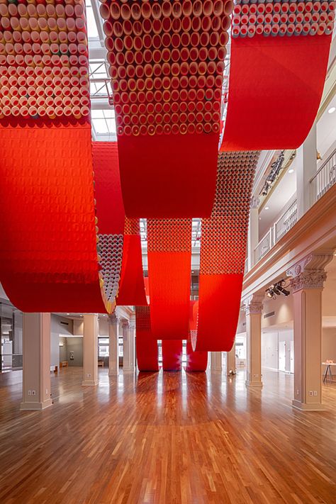 10 engaging architectural installations for your Friday inspiration | News | Archinect Carpet Exhibition Design, Hanging Art Installation Ceilings, Yunhee Min, Sanctuary Decor, Friday Inspiration, Fabric Installation, Hanging Fabric, Ceiling Installation, Carpet Installation