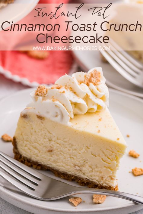 This Instant Pot Cinnamon Toast Crunch Cheesecake is a creamy cheesecake packed with cinnamon toast crunch cereal flavor all baked on a cinnamon toast crunch buttery crust! #cinnamontoastcrunch #instantpotcheesecake #easydessertrecipes #cheesecakerecipes #easyrecipes #dessert #cereal #cheesecake Cereal Cheesecake, Cinnamon Toast Crunch Cheesecake, Twix Cheesecake Recipe, Cinnamon Toast Crunch Cereal, Perfect Cheesecake Recipe, Crunch Cheesecake, Cereal Flavors, Tasty Pastry, Strawberry Cheesecake Recipe