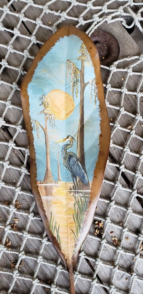 Magnolia Leaf, Louisiana Art, Repurposed Art, Leaf Painting, Magnolia Leaves, Herons, Wood Painting, Painted Leaves, Art How