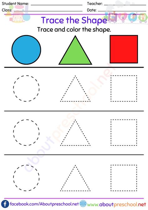 Trace the Shape Worksheet Worksheet On Shapes, Shapes For Preschool, Trace The Shapes, Trace Shapes, Kindergarten Shapes, Shape Worksheet, Nursery School Activities, Preschool Shapes, Kids Shapes