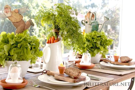 Inspired by Mr McGregors, here are three Easy Peter Rabbit Brunch Table Setting Ideas (plus a bonus table for the kids!) Whether for a spring lunch, baby shower or first birthday, there's different themes to choose from. Brunch Table Setting Ideas, Easter At Home, Brunch Table Setting, Rustic Placemats, Spring Lunch, Brunch Bar, Small Terracotta Pots, Peter Rabbit Birthday, Peter Rabbit Party