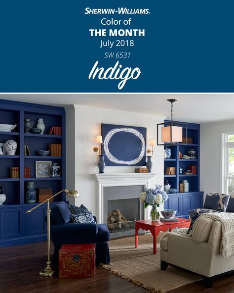 Escape the heat and find your oasis with the Sherwin-Williams July Color of the Month, Indigo SW 6531. This stunning deep blue is ideal for any space meant for welcoming people into your home, or just relaxing and making memories. Click through to find details, coordinating colors and more information on this gorgeous hue. Deep Blue Sherwin Williams, Indigo Sherwin Williams, Indigo Blue Paint Colors, Indigo Paint Color, Sherwin Williams Indigo, Purple Paint Color, Indigo Blue Paint, Trim Inspiration, 2024 Colors