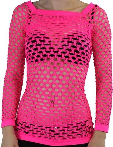 TOBEINSTYLE - ELASTIC / NYLON / SPANDEX - LONG SLEEVE - FISHNET - LAYER TOP -- NEON PINK Red Fishnet Top, Pink Fishnet Top, Pink Fishnets Top, Summer Long Sleeve Fishnet Top, Purple Fishnet Top, Neon Fishnets, Punk Fishnet Mesh Tops, Pink Fishnets, Neon Pink Tops