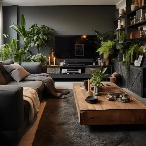 Moderne Wohnzimmer-Einrichtung mit dunkelgrauem Sofa und schwarzer / grauer Fernsehwand – Haus- &amp Small Living Room Ideas Dark, Wood And Black Living Room, Dark Tv Room, Dark Modern Apartment, Dark Sofa Living Room, Dark Walls Living Room, Living Room Men, Coin Tv, Room Ideas Dark