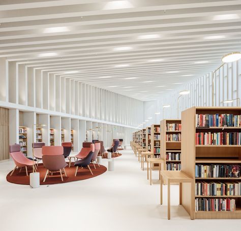 Architectural Library Design, Scandinavian Library Design, Nordic Library, Library Design Interior, Library Design Architecture, Modern Library Design, Contemporary Library, Library Ceiling, Library Interior Design