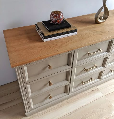 Cream Dresser With Gold Hardware, Wood Dresser Painted Drawers, Painted Dresser With Wood Top, Cream Sideboard, Wood Dressers Makeover, Painted Credenza, Cream Furniture, Modern Home Decor Bathroom, Revamp Furniture