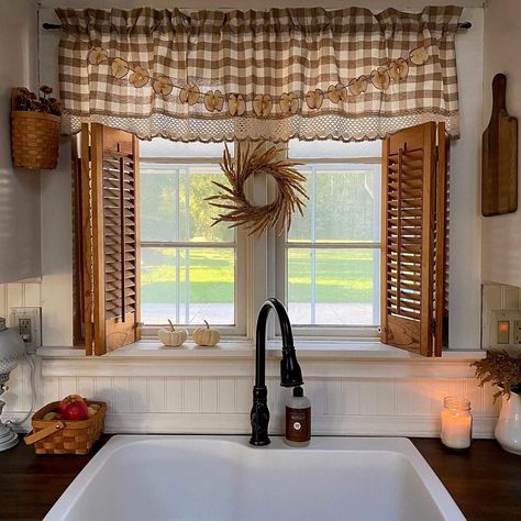 Farmhouse Kitchen Curtain Ideas, Kitchen Curtain Ideas, Apple Garland, Gingham Curtains, Farmhouse Kitchen Curtains, Kitchen Curtain, Curtain Ideas, Fall Kitchen, Boho Home