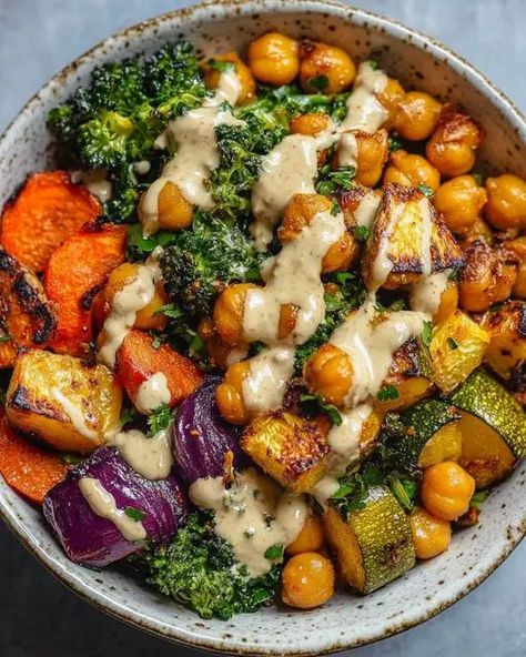 Try these Roasted Vegetable and Chickpea Bowls with Maple Dijon Tahini Dressing—a hearty, healthy, and flavorful meal packed with nutrients and vibrant taste! Chickpea Bowls, Chickpea Bowl, Maple Roasted Carrots, Oven Vegetables, Roasted Vegetable, Veggie Bowl, Tahini Dressing, Sun Dried Tomatoes, Roasted Carrots