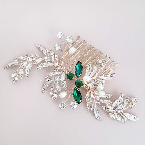 Masquerade Outfit, Pearl Hair Piece, Wedding Comb, Floral Hair Pieces, Emerald Crystal, Prom Accessories, Green Accessories, Crystal Headpiece, Side Swept