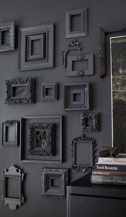 Vintage Frames used as wall decor #ShawFloors Empty Frames, Framed Pictures, Grey Room, Diy Picture Frames, Design Del Prodotto, Black Wall, Style At Home, Black Walls, Wall Color