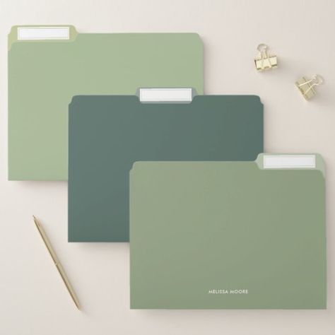 $16.10 | Modern Minimalist Sage Green Custom Text #modern, minimalist, office, sage, green, elegant, chic, file organization, decluttering, school Sage Green Stationary, Sage Green Cubicle Decor, Cute Green Stationary, Green Stationary Aesthetic, Green School Supplies Aesthetic, Green School Supplies, Green Stationary, Cute Folders, Green Office Supplies