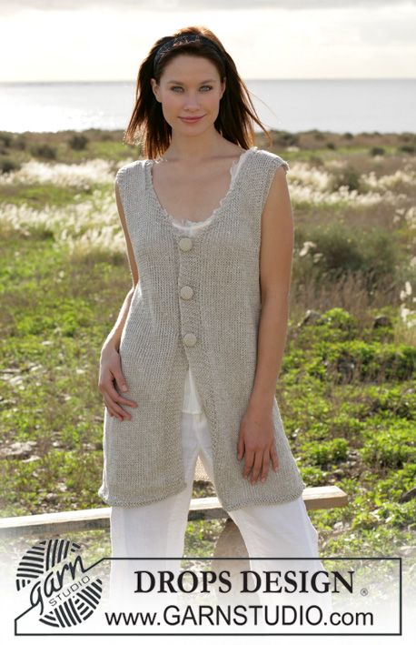 DROPS long vest knitted in garter sts with ”Bomull-Lin” and buttons in ”Cotton Viscose” ~ DROPS Design Crochet Vest Pattern Free, Knit Vest Pattern Free, Waistcoat Pattern, Vest Knitted, Long Waistcoat, Vest Pattern Free, Calamity Jane, Knit Vest Pattern, Sleeveless Coat