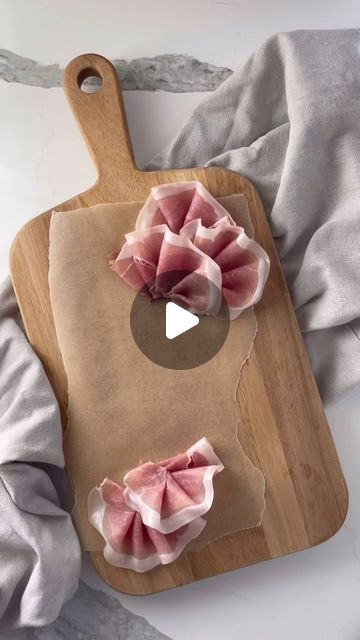 Prosciutto And Cheese Platter, Meat Plate Ideas, Charcuterie Board Prosciutto Fold, Ham Presentation Ideas, Prosciutto Display, Prosciutto Presentation, Prosciutto On Charcuterie Board, Cuttery Board Ideas, Folding Prosciutto Charcuterie