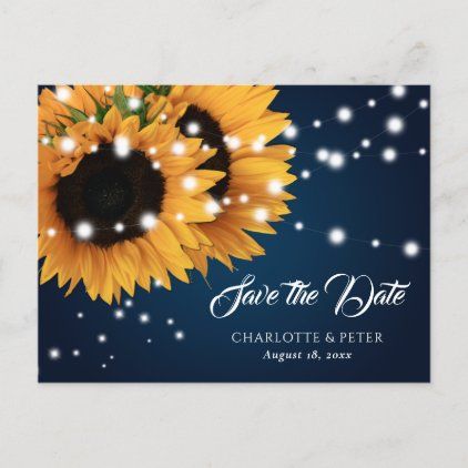 Navy Blue Sunflower Wedding Save The Date Postcard Purple Sunflower Wedding, Red Sunflower Wedding, Rustic Purple Wedding, Blue Sunflower Wedding, Purple Sunflower, Wood Sunflower, Sunflower Invitations, Rustic Wedding Save The Dates, Postcard Wedding