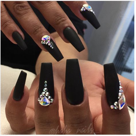 Black Nails With Gems, Nails With Gems, Matte Black Nails, Black Acrylic Nails, Her Nails, Elegant Beauty, Black Nail, Gem Nails, Nails Black