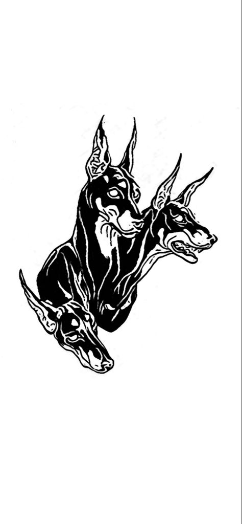 Black tattoo Cerebus Dog Tattoo Traditional, Traditional Tattoo Art Wallpaper, Dober Man Tattoo, Greek Animal Tattoo, Greek Mythology Tattoos Traditional, Cerberus Tattoo Traditional, Animal Tattoo Traditional, Traditional Goth Tattoo, Rockstar Tattoo Ideas