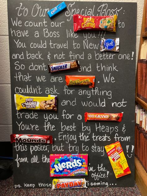 Poster board with treats that create a message Boss Day Candy Bar Poster, Thank You Candy Bar Poster, Candy Bar Posters Appreciation, Bosses Day Candy Poster, Candy Poster Board, Birthday Candy Poster, Candy Poems, Candy Sayings, Candy Posters