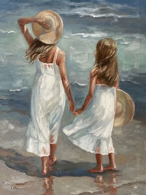 Sister Paintings, Sisters Painting, Ballerina Painting, Beach Art Painting, Coastal Artwork, Christmas Paintings On Canvas, Sisters Art, Beach Artwork, Cute Sketches