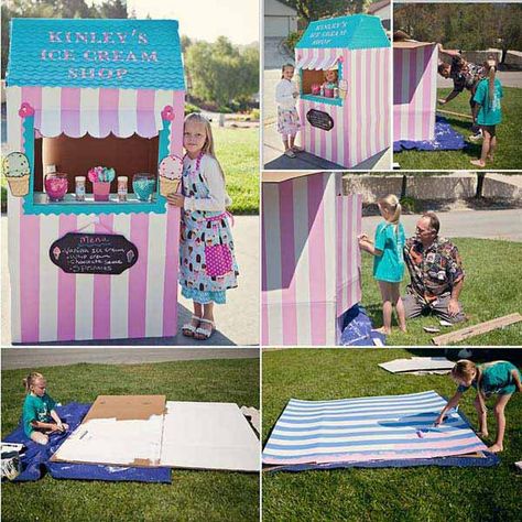 Cardboard Ice Cream Shop, Cardboard Ice Cream, Box Activities, Diy Lemonade Stand, Diy Lemonade, Kids Forts, Ice Cream Stand, Diy Kids Games, Fruit Stand