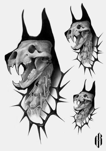 Surreal Art Tattoo Illustrations, Centaur Tattoo Design, Doberman Skull Tattoo, Conjoined Animal Tattoo, Animal Skull Tattoo Design, Dog Skull Tattoo, Black And Grey Tattoo Design, Removable Tattoos, Mo Ganji