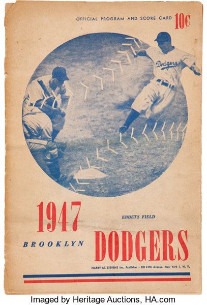 1947 Brooklyn Dodgers Scorecard from Jackie Robinson's Debut | Lot #45123 | Heritage Auctions Dodgers Win, Brooklyn Dodgers, High School Baseball, Retro Baseball, Baseball Posters, Baseball Art, Poster Classic, Baseball Design, Football Poster