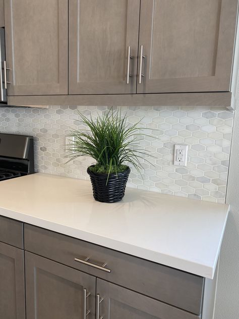 Kitchen - Gray Cabinets, White Quartz Countertop, light backsplash Kitchen Backsplash With Two Tone Cabinets, White Countertops Grey Cabinets, Kitchen Backsplash Ideas Light Brown Cabinets, Grey Backsplash White Countertop, Gray Cabinet White Countertop, Light Grey Countertops Kitchen Quartz, Light Grey Wood Kitchen Cabinets, Kitchen Gray Cabinets White Countertops, Backsplash Ideas With Gray Cabinets