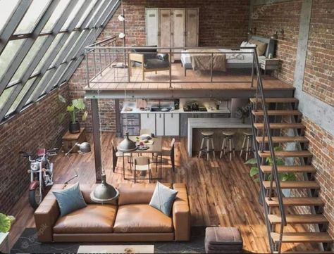 Loft Apartment Industrial, Loft House Design, Indoor Balcony, Apartment Loft, Industrial Home Design, Loft Interior Design, Small Loft, Loft Interiors, Loft Decor