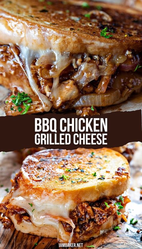 Two close up image of BBQ Chicken grilled cheese sandwiches on a wooden surface. Bbq Chicken Grilled Cheese, Chicken Grilled Cheese, Cheese Game, Sandwhich Recipes, Havarti Cheese, Chicken Grilled, Grilled Bbq Chicken, Grilled Cheese Sandwiches, Havarti