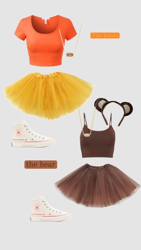 Halloween costume 🎃 // The Lorax 💛 & the bear ! 🤎 Lorax Bear Costume, Cute Lorax Costume, Lorax Group Costume, The Lorax Halloween Costume, Lorax Halloween Costumes, Lorax Cosplay, Lorax Halloween, Lorax Costume