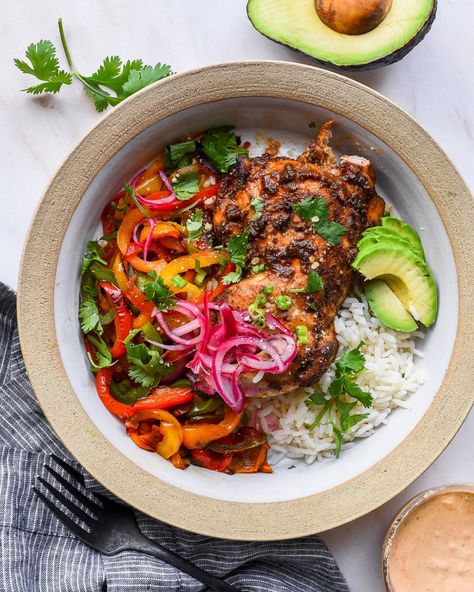 Fajita Roast Chicken Bowl | Nourish Deliciously Scramble Bowl, Peppers Pickled, Fajita Spices, Roast Chicken Dinner, Cooking Basmati Rice, Fajita Bowls, Chicken Fajita, Chipotle Sauce, Fajita Seasoning