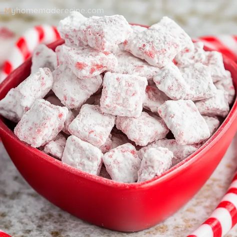 Festive Holiday Peppermint Candy Cane Puppy Chow Recipe - My Home Made Recipe Holiday Bake Sale Ideas, Peppermint Puppy Chow Recipe, Holiday Bake Sale, Puppy Chow Recipe, Andes Mint Chocolate, Crushed Peppermint, Chow Recipe, Frosty Recipe, Peppermint Candies