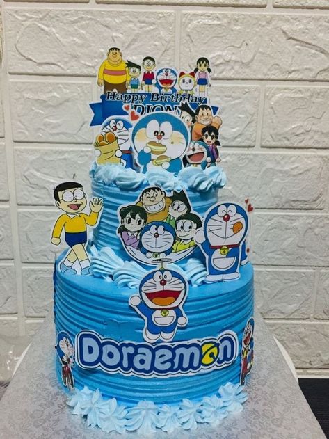 Children Day Cake For Kids, Sample Cakes Ideas, Kue Tart Doraemon, Doraemon Cake Designs, Doremon Cake Designs, Cake Designs 2 Tier, Cartoon Cakes For Kids, 2 Tier Birthday Cake, Doraemon Cake