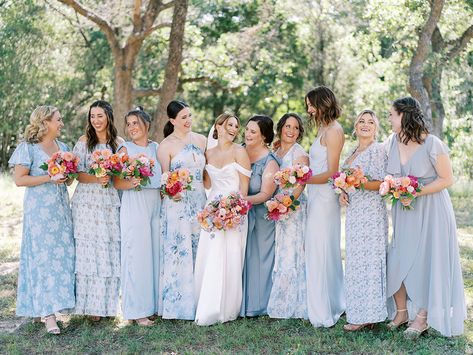 Blue Bridesmaid Dresses Bright Flowers, Multicolored Blue Bridesmaids Dresses, Mixed Blue Floral Bridesmaid Dresses, Light Blue Bridesmaid Dresses Colorful Flowers, Blue Bridesmaids Colorful Flowers, Blue Mix Match Bridesmaid Dresses, Blue Bridesmaid Dresses Colorful Flowers, Mismatch Blue Bridesmaids, Blue Patterned Bridesmaid Dresses