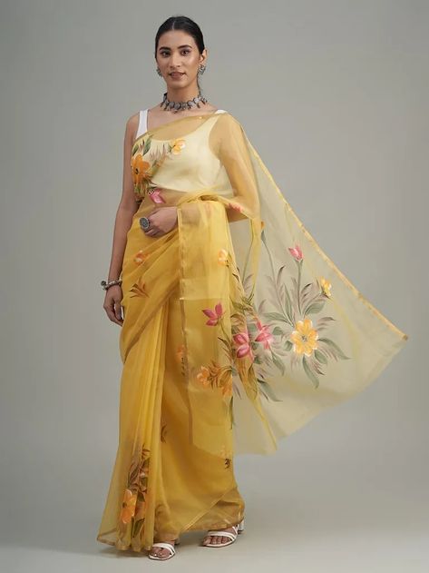 Buy Yellow Hand Painted Organza Saree | PTT10JAN108/PTT10JAN | The loom Yellow Hand Painted Saree, Hand Painted Organza, Farewell Saree, Painted Saree, Farewell Sarees, Fabric Painting On Clothes, Flower Drawing Design, Indian Saree Blouse, Hand Painted Sarees