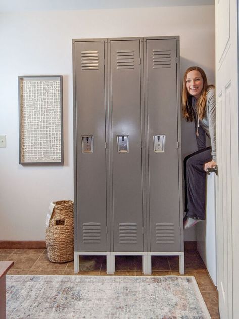 Metal Lockers Ideas For Home, Lockers Ideas For Home, Old Lockers, Hide Clutter, Metal Kitchen Cabinets, Diy Locker, Mudroom Makeover, Vintage Lockers, Mudroom Lockers