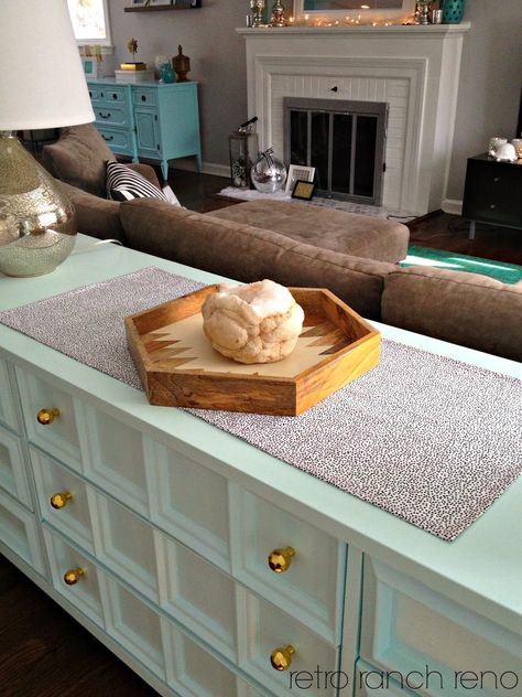 painted credenza behind couch Dresser Behind Couch, Credenza Behind Couch, Painted Credenza, Dc Apartment, Blue Dresser, Behind Couch, Month Of February, Pink Emerald, Painted Dresser