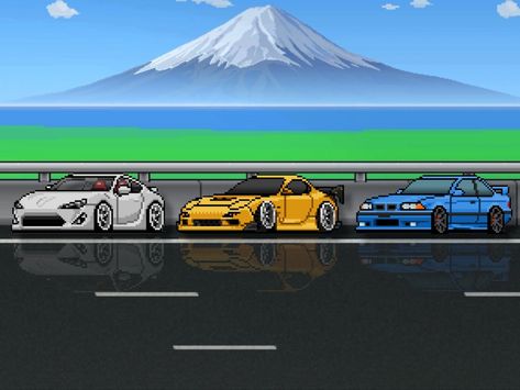 JDM & BMW Pixel Cars Pixel Car Wallpaper, Pixel Car Racer Wallpaper, Pixel Car Racer, Pixel Car, Blue Sky Wallpaper, Anime Sticker, Car Racer, 8 Bits, Nissan Gtr