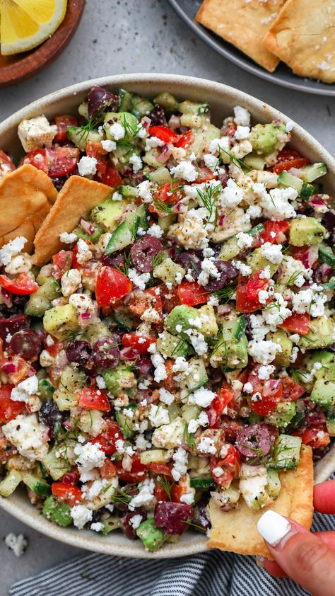 Avocado & Feta Mediterranean Salsa - Kalefornia Kravings Mediterranean Salsa, Greek Chicken Salad, Salmon Dishes, Food Inspo, Mediterranean Recipes, Mediterranean Diet, Healthy Eats, Avocado Toast, Healthy Meals