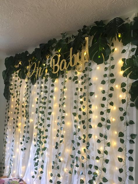 Ivy Baby Shower Ideas, Curtain Lights With Ivy, Ivy Photo Backdrop, Hanging Ivy Wedding Decor, Curtain Lights Backdrop Baby Shower, Fake Ivy Canopy Over Bed, Ivy Rose, Wedding Gift Pack, Jungle Baby Shower Theme