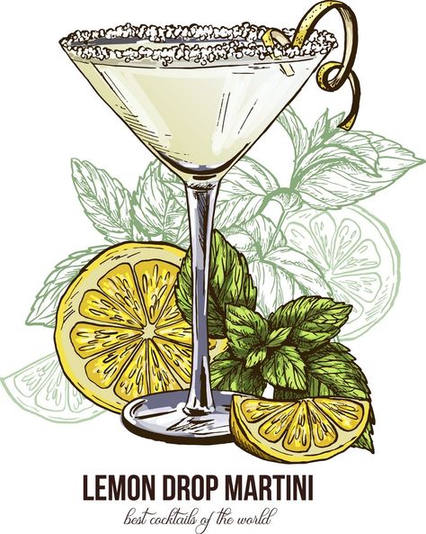 Lemon Drop Drink, Cocktails Drawing, Lemon Drop Cocktail, Cocktails Clipart, Cocktail Images, Cocktails Vector, Lemon Cocktail, Makeup Illustration, Cocktail Illustration