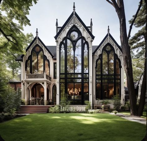 Gothic Style House Floor Plans, Cathedral House Exterior, Gothic Atrium, Gothic Victorian Architecture, Artitecture House, Modern Gothic House Exterior, House With Big Windows Exterior, Gothic Manor Exterior, Victorian Modern House