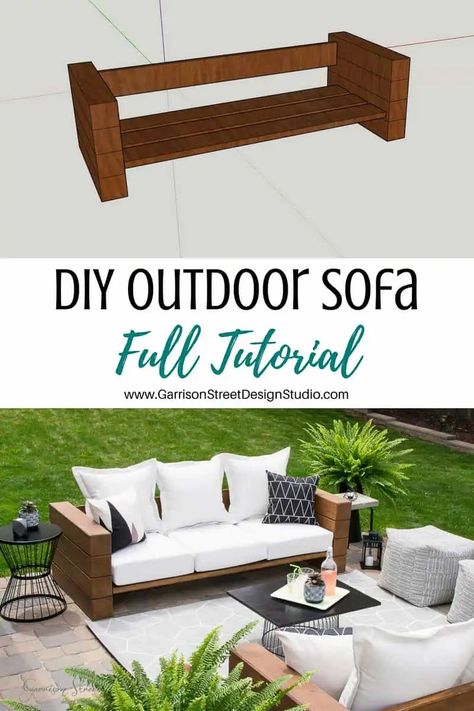 DIY Outdoor Sofa Full Tutorial| ©GarrisonStreetDesignStudio | Outdoor Furniture | DIY | Wood | Rustic | Modern | Easy | Ideas | Cushions | Cheap | Comfortable | On a Budget | Lounge | Restoration Hardware Aspen Collection | Knockoff | Patio | Porch | Deck | Couch |Sofa | Build | Stain | Seating | Timbers | Lumber | Chunky | Backyard | Yard | Luxury | Affordable | Comfy | Railroad Ties |Tutorial | Bench | Patio Furniture | Summer | Outdoor Living | Outdoor Oasis | Outdoor Spaces | DIY Patio Sofa Patio Sofa Diy, Diy Patio Sofa, Outdoor Spaces Diy, Backyard Builds, Modern Farmhouse Outdoor, Diy Outdoor Couch, Deck Couch, Diy Modern Farmhouse, Rustic Patio Furniture